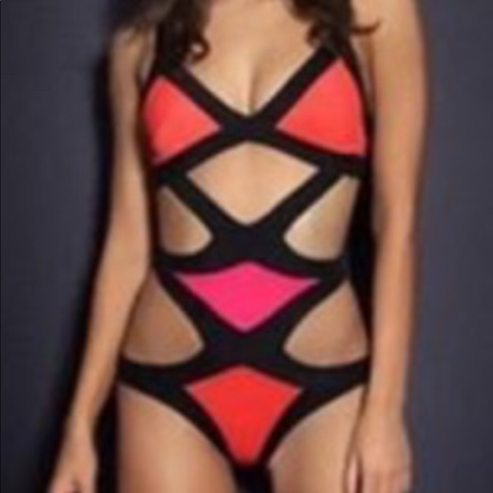 Tankini‎ Color Block One piece Bathing Suit Women’s size small pink orange black